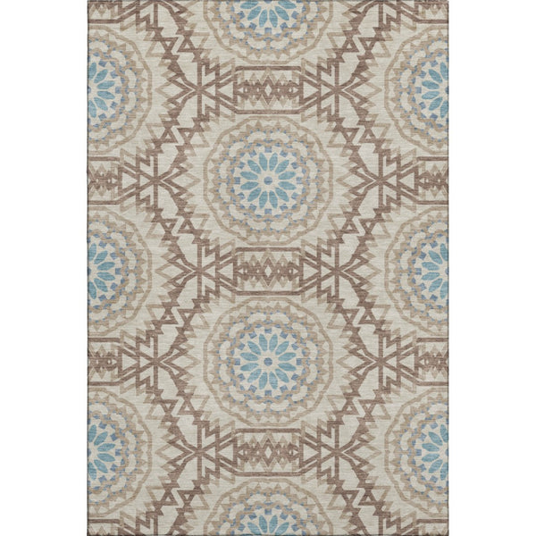 HomeRoots 10' Khaki and Teal Geometric Area Rug – Washable, UV Protected, Durable Comfort for Family Spaces 652251
