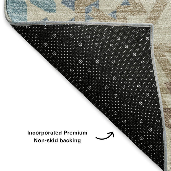 HomeRoots 10' Khaki and Teal Geometric Area Rug – Washable, UV Protected, Durable Comfort for Family Spaces 652251
