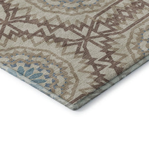 HomeRoots 10' Khaki and Teal Geometric Area Rug – Washable, UV Protected, Durable Comfort for Family Spaces 652251