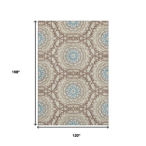 HomeRoots 10' Khaki and Teal Geometric Area Rug – Washable, UV Protected, Durable Comfort for Family Spaces 652251