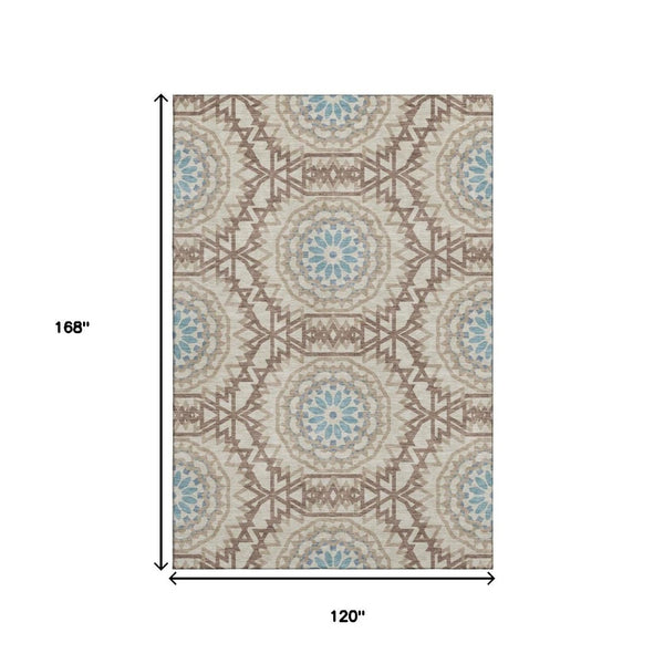 HomeRoots 10' Khaki and Teal Geometric Area Rug – Washable, UV Protected, Durable Comfort for Family Spaces 652251