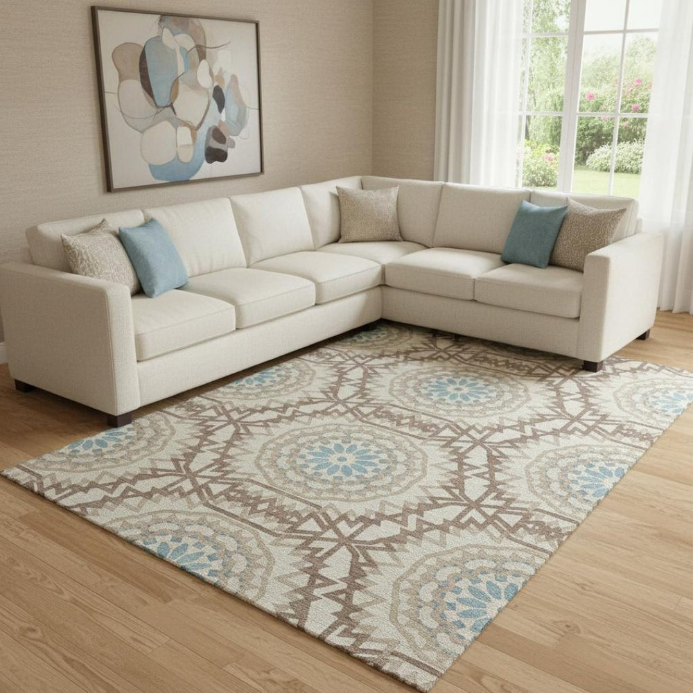 HomeRoots 10' Khaki and Teal Geometric Area Rug – Washable, UV Protected, Durable Comfort for Family Spaces 652251