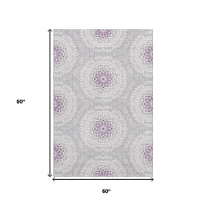 HomeRoots 5' X 8' Lilac & Ivory Geometric Area Rug - Washable, UV-Protected, Modern Style for Any Room 652253