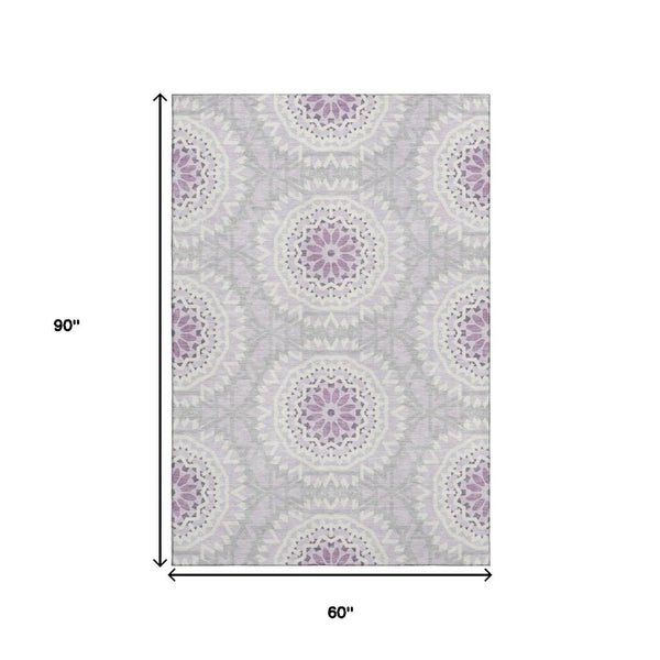 HomeRoots 5' X 8' Lilac & Ivory Geometric Area Rug - Washable, UV-Protected, Modern Style for Any Room 652253