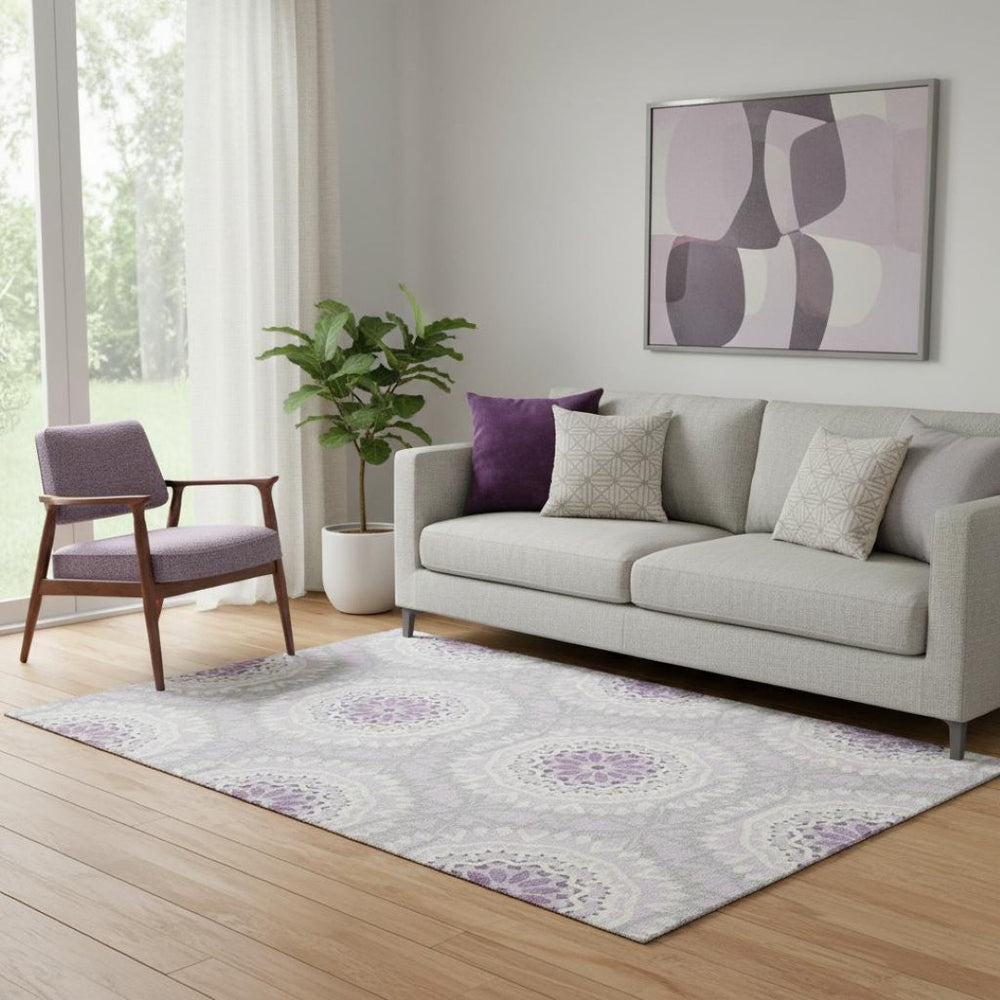 HomeRoots 5' X 8' Lilac & Ivory Geometric Area Rug - Washable, UV-Protected, Modern Style for Any Room 652253