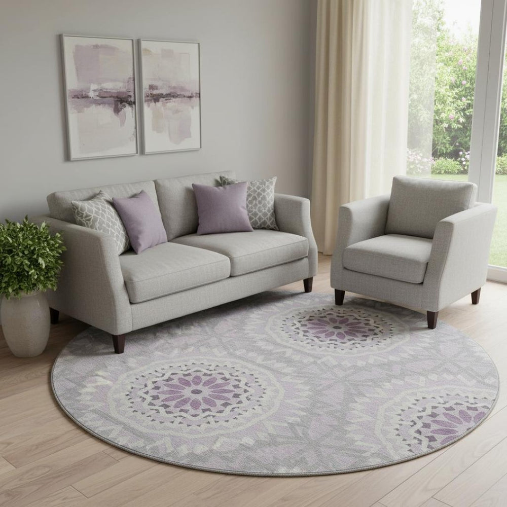 HomeRoots 8' Lilac and Ivory Geometric Round Rug - Washable, UV Protected, Perfect for Homes with Kids & Pets 652254