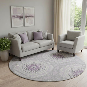 HomeRoots 8' Lilac and Ivory Geometric Round Rug - Washable, UV Protected, Perfect for Homes with Kids & Pets 652254