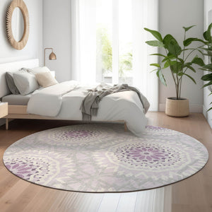 HomeRoots 8' Lilac and Ivory Geometric Round Rug - Washable, UV Protected, Perfect for Homes with Kids & Pets 652254
