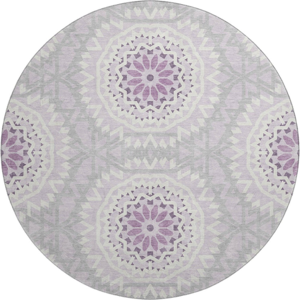 HomeRoots 8' Lilac and Ivory Geometric Round Rug - Washable, UV Protected, Perfect for Homes with Kids & Pets 652254