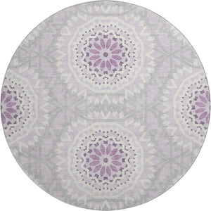 HomeRoots 8' Lilac and Ivory Geometric Round Rug - Washable, UV Protected, Perfect for Homes with Kids & Pets 652254