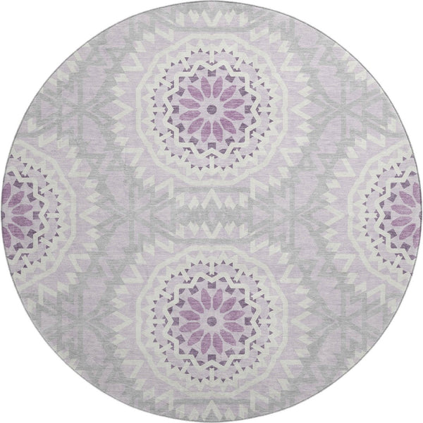 HomeRoots 8' Lilac and Ivory Geometric Round Rug - Washable, UV Protected, Perfect for Homes with Kids & Pets 652254