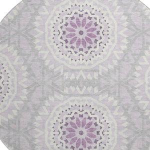 HomeRoots 8' Lilac and Ivory Geometric Round Rug - Washable, UV Protected, Perfect for Homes with Kids & Pets 652254