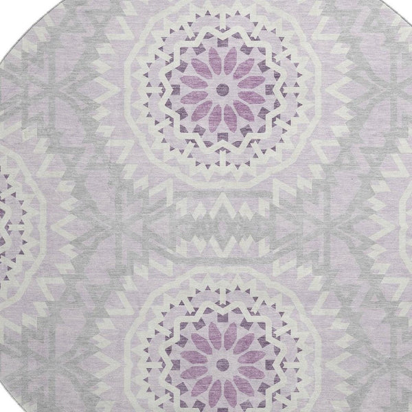 HomeRoots 8' Lilac and Ivory Geometric Round Rug - Washable, UV Protected, Perfect for Homes with Kids & Pets 652254