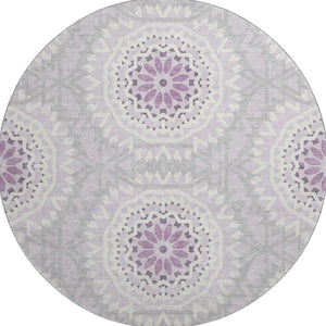 HomeRoots 8' Lilac and Ivory Geometric Round Rug - Washable, UV Protected, Perfect for Homes with Kids & Pets 652254