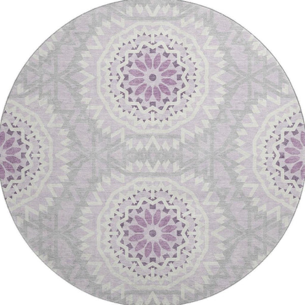 HomeRoots 8' Lilac and Ivory Geometric Round Rug - Washable, UV Protected, Perfect for Homes with Kids & Pets 652254