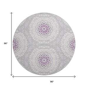 HomeRoots 8' Lilac and Ivory Geometric Round Rug - Washable, UV Protected, Perfect for Homes with Kids & Pets 652254