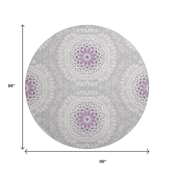 HomeRoots 8' Lilac and Ivory Geometric Round Rug - Washable, UV Protected, Perfect for Homes with Kids & Pets 652254