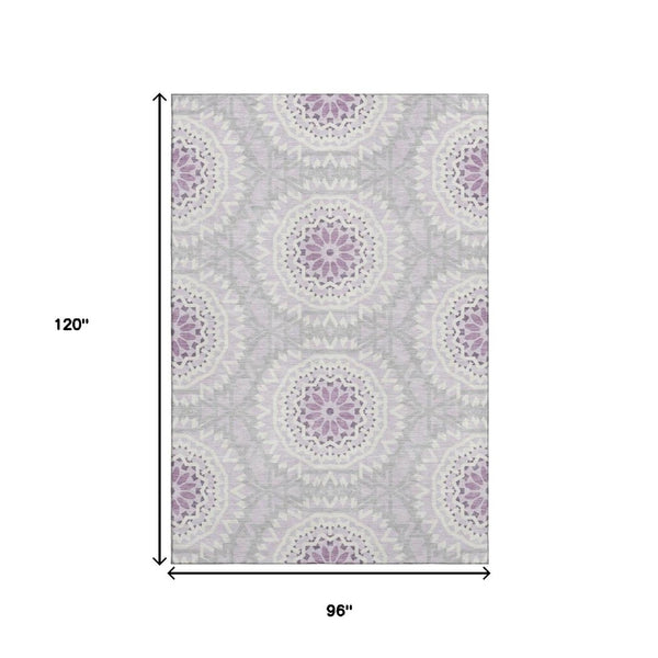 HomeRoots 8' X 10' Lilac and Ivory Geometric Area Rug - Soft, Washable, UV-Protected for Modern Homes 652255