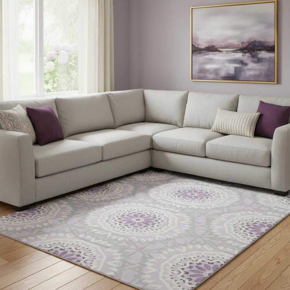 HomeRoots 9' x 12' Lilac & Ivory Geometric Area Rug – UV Protected, Stain Resistant, Stylish, Easy Care Design 652256