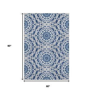HomeRoots 5' X 8' Navy Blue & Ivory Geometric Area Rug - Washable, Stain-Resistant, UV Protected, Durable Design 652259