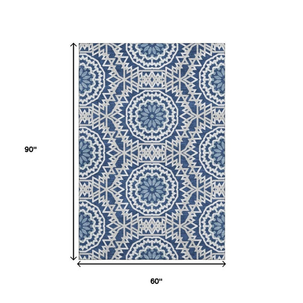 HomeRoots 5' X 8' Navy Blue & Ivory Geometric Area Rug - Washable, Stain-Resistant, UV Protected, Durable Design 652259