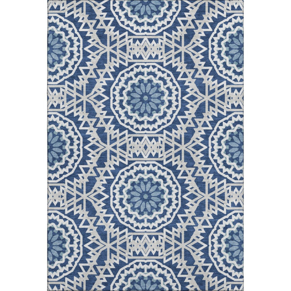 HomeRoots 5' X 8' Navy Blue & Ivory Geometric Area Rug - Washable, Stain-Resistant, UV Protected, Durable Design 652259