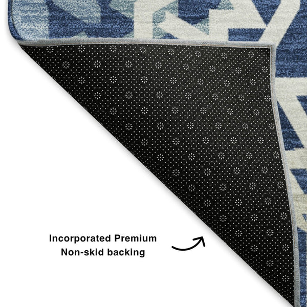 HomeRoots 5' X 8' Navy Blue & Ivory Geometric Area Rug - Washable, Stain-Resistant, UV Protected, Durable Design 652259