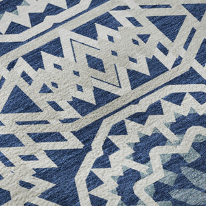 HomeRoots 5' X 8' Navy Blue & Ivory Geometric Area Rug - Washable, Stain-Resistant, UV Protected, Durable Design 652259