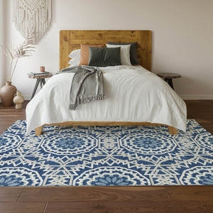HomeRoots 5' X 8' Navy Blue & Ivory Geometric Area Rug - Washable, Stain-Resistant, UV Protected, Durable Design 652259