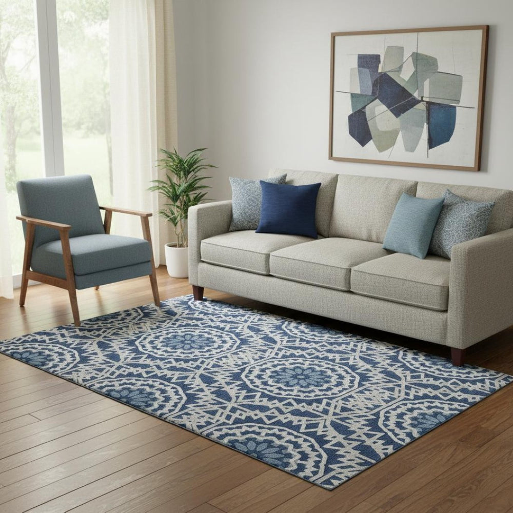 HomeRoots 5' X 8' Navy Blue & Ivory Geometric Area Rug - Washable, Stain-Resistant, UV Protected, Durable Design 652259