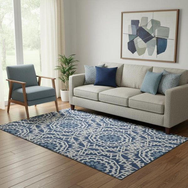 HomeRoots 5' X 8' Navy Blue & Ivory Geometric Area Rug - Washable, Stain-Resistant, UV Protected, Durable Design 652259