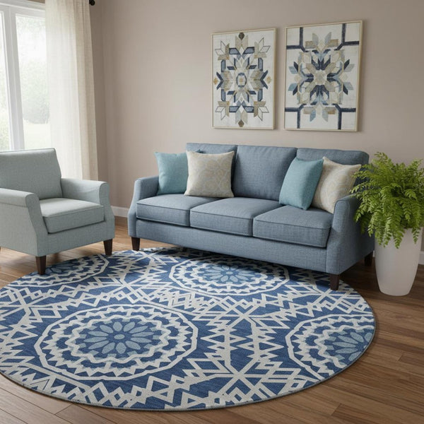 HomeRoots 8' Navy Blue Geometric Washable Round Rug - UV Protected, Stain-Resistant, Ideal for High Traffic Areas 652260