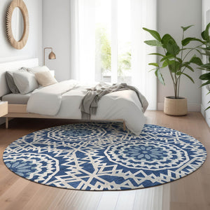 HomeRoots 8' Navy Blue Geometric Washable Round Rug - UV Protected, Stain-Resistant, Ideal for High Traffic Areas 652260