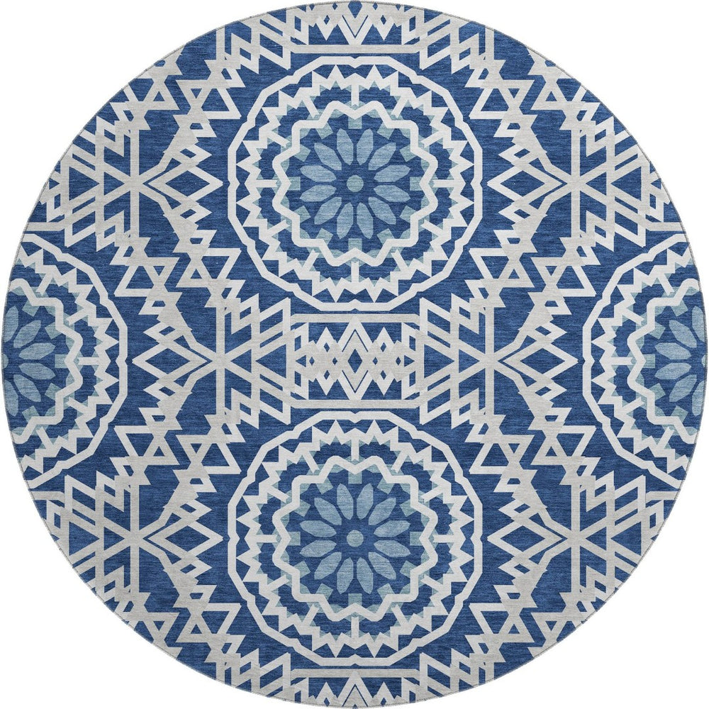 HomeRoots 8' Navy Blue Geometric Washable Round Rug - UV Protected, Stain-Resistant, Ideal for High Traffic Areas 652260