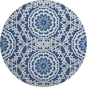 HomeRoots 8' Navy Blue Geometric Washable Round Rug - UV Protected, Stain-Resistant, Ideal for High Traffic Areas 652260