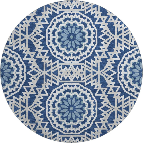 HomeRoots 8' Navy Blue Geometric Washable Round Rug - UV Protected, Stain-Resistant, Ideal for High Traffic Areas 652260