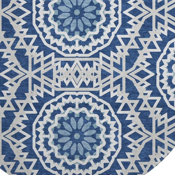 HomeRoots 8' Navy Blue Geometric Washable Round Rug - UV Protected, Stain-Resistant, Ideal for High Traffic Areas 652260