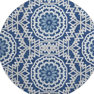 HomeRoots 8' Navy Blue Geometric Washable Round Rug - UV Protected, Stain-Resistant, Ideal for High Traffic Areas 652260