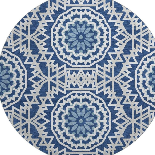 HomeRoots 8' Navy Blue Geometric Washable Round Rug - UV Protected, Stain-Resistant, Ideal for High Traffic Areas 652260