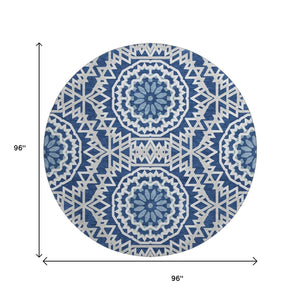 HomeRoots 8' Navy Blue Geometric Washable Round Rug - UV Protected, Stain-Resistant, Ideal for High Traffic Areas 652260