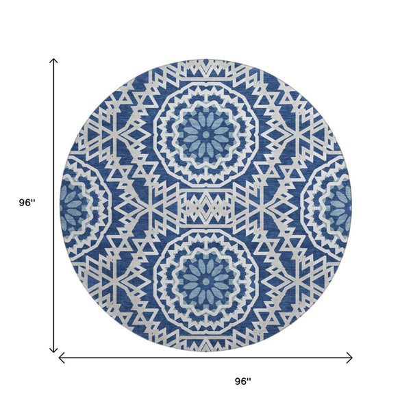 HomeRoots 8' Navy Blue Geometric Washable Round Rug - UV Protected, Stain-Resistant, Ideal for High Traffic Areas 652260