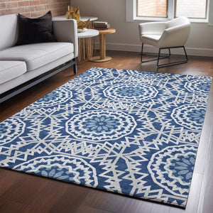 HomeRoots 8' X 10' Navy Blue & Ivory Geometric Area Rug – Washable, UV Protected, Ideal for High-Traffic Spaces 652261