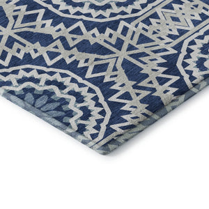 HomeRoots 8' X 10' Navy Blue & Ivory Geometric Area Rug – Washable, UV Protected, Ideal for High-Traffic Spaces 652261