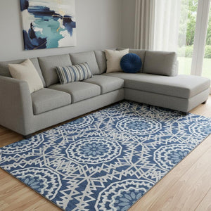 HomeRoots 8' X 10' Navy Blue & Ivory Geometric Area Rug – Washable, UV Protected, Ideal for High-Traffic Spaces 652261