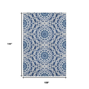 HomeRoots 9' X 12' Navy Blue Geometric Area Rug with Stain Resistance & UV Protection for Modern Spaces 652262