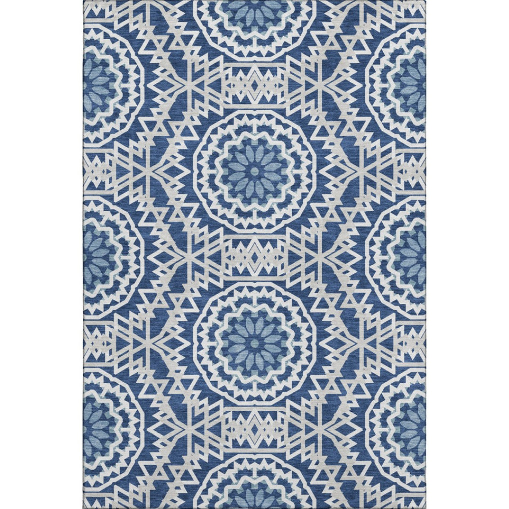 HomeRoots 9' X 12' Navy Blue Geometric Area Rug with Stain Resistance & UV Protection for Modern Spaces 652262