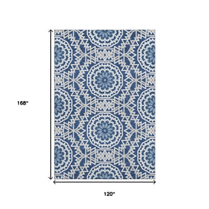HomeRoots 10' X 14' Navy Blue & Ivory Geometric Area Rug - Washable, UV-Protected, Stain-Resistant Design! 652263