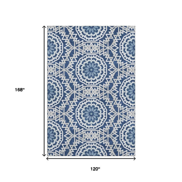 HomeRoots 10' X 14' Navy Blue & Ivory Geometric Area Rug - Washable, UV-Protected, Stain-Resistant Design! 652263
