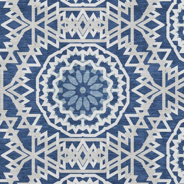 HomeRoots 10' X 14' Navy Blue & Ivory Geometric Area Rug - Washable, UV-Protected, Stain-Resistant Design! 652263