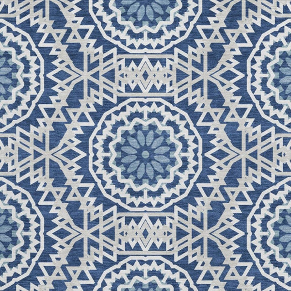 HomeRoots 10' X 14' Navy Blue & Ivory Geometric Area Rug - Washable, UV-Protected, Stain-Resistant Design! 652263